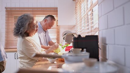 Happy Asian grandparents enjoying cooking the mealtime in the kitchen