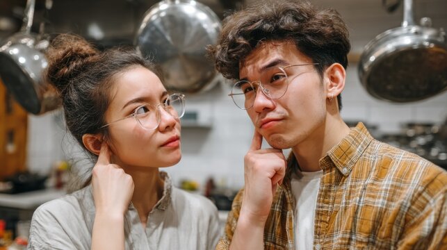 Quarrel between Asian couple highlights family problems in a modern kitchen setting