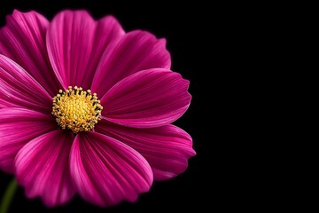 Vibrant cosmos flower on a black background showcasing delicate petals and bright yellow center