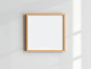 A Square Wooden Picture Frame With A Blank White Interior Hangs On A Light Gray Wall, With Soft Window Light Casting Shadows, Mockup, Home Decor, Art Display