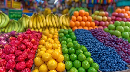 Vibrant display of fresh fruits at a market stall showcasing nature's colorful bounty