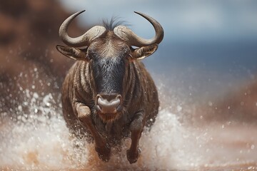 Wildebeest charges ferociously through water creating a dynamic wildlife moment