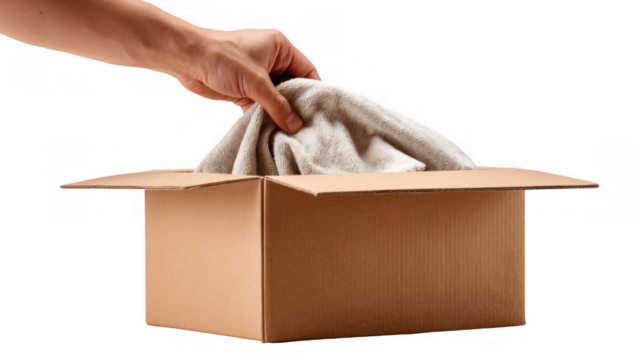 Hand is gently lifting a piece of soft, plush fabric out of a cardboard box, set against a transparent background, creating a sense of careful handling and anticipation