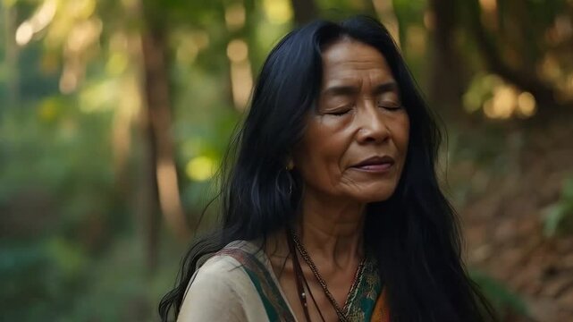 Ayahuasca visions: A serene Indigenous woman with long black hair, wearing a woven shawl, meditating in a lush jungle clearing at dawn
