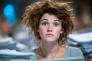 Young woman with curly hair gazes upward with a worried expression amid stacks of papers