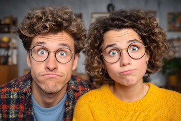 Young couple with curly hair and round glasses making funny faces indoors at home