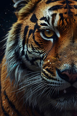 Tiger Galaxy Portrait — Neon Splash Art in Cyberpunk Style. Hyper-detailed, vibrant splash art of a majestic tiger on a dark background, glowing with neon colors and cosmic energy, strength.