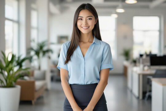 A smiling Asian woman in business attire confidently looks directly at the camera in a modern office setting.