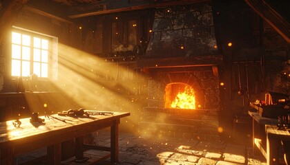 Sunlit blacksmith's workshop interior with forge and tools, warm and inviting