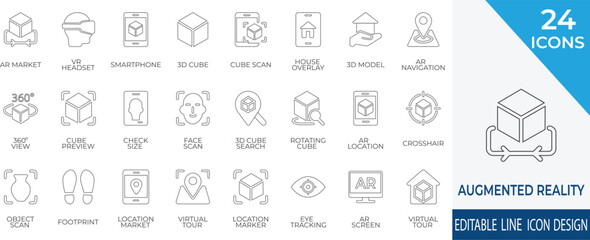A collection of 24 augmented reality vector icons including AR glasses, VR headset, 3D cube, and navigation tools. Perfect for use in tech apps, AR design, mobile platforms, and future technology
