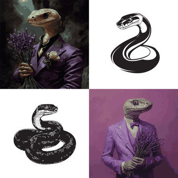 set of four color images of pythons and snakes, graphics, vector
