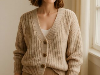 Cozy Knit Cardigan Fashion Look Indoors