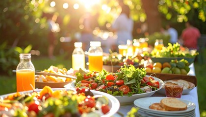 Sunlit garden party buffet brimming with fresh salads and vibrant drinks