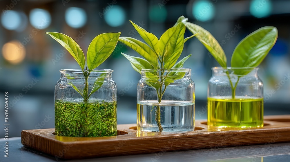Poster Close-up view of three test tubes with green plants showcasing different liquids in a laboratory setting