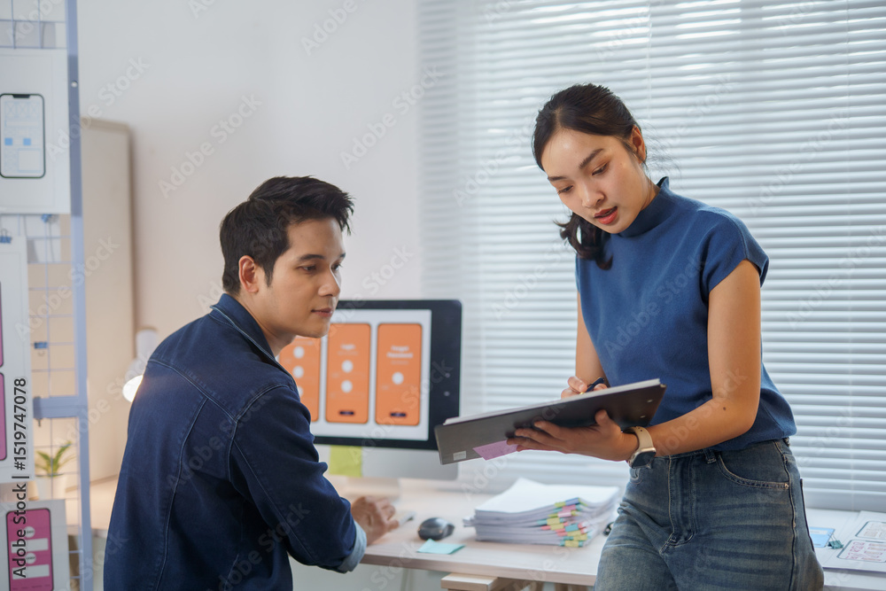 Poster asian uiux designers collaborating on mobile app interface wireframe design in a modern office envir