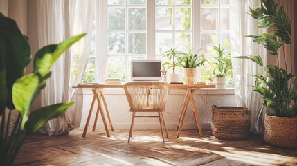 Sunlight Streams into a Cozy Home Office Decorated with Lush Plants and a Wooden Desk