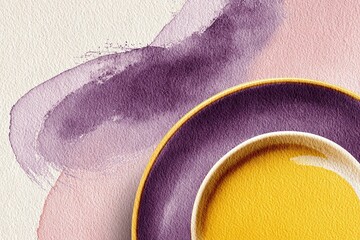Lamas personalizadas para cocina con tu foto Colorful plate with purple and yellow design against soft watercolor background in artistic arrangement