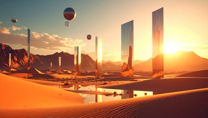 Surreal Desert Landscape with Reflective Monoliths and Floating Orbs at Sunset