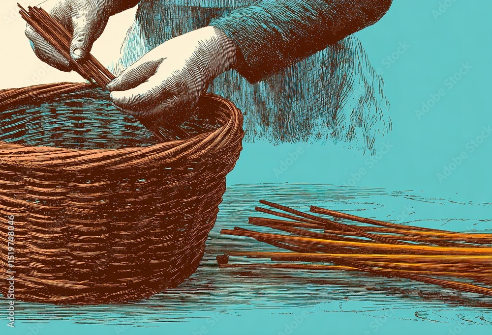 Poster crafting intricate basketry using natural materials in a workshop setting during daylight hours
