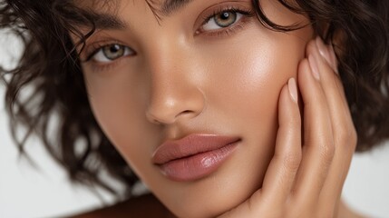 Obraz premium Close up studio shot highlighting the natural beauty of a young woman with soft features and radiant skin