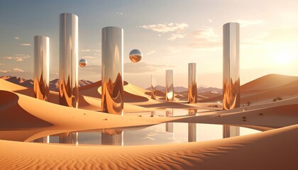 Surreal Desert Landscape with Reflective Structures and Harmonious Composition