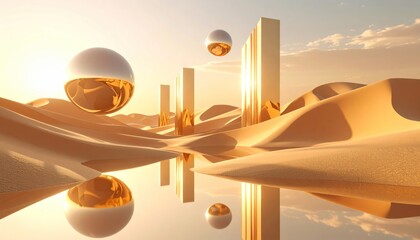 Surreal golden landscape with spheres and towers reflecting in the water