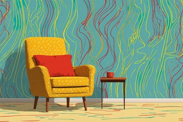 Bright living room with a yellow chair, colorful wall art, and a small side table featuring a coffee cup