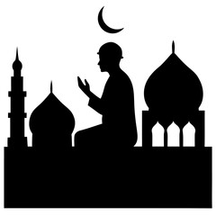 Silhouette of Man Praying with Mosque and Crescent Moon