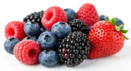 Fresh mixed berries, including strawberry, blackberry, and blueberry.