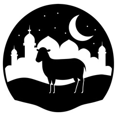 A silhouette of a sheep under the moonlight with a  mosque in the background