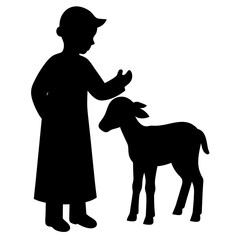A silhouette of a young boy holding a small lamb,  during Eid al-Adha