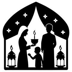 Silhouette of Family Celebrating Ramadan with Lanterns and Candle