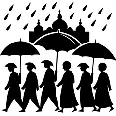 Silhouette of a group of people with umbrellas walking to Eid prayer under a rainy sky