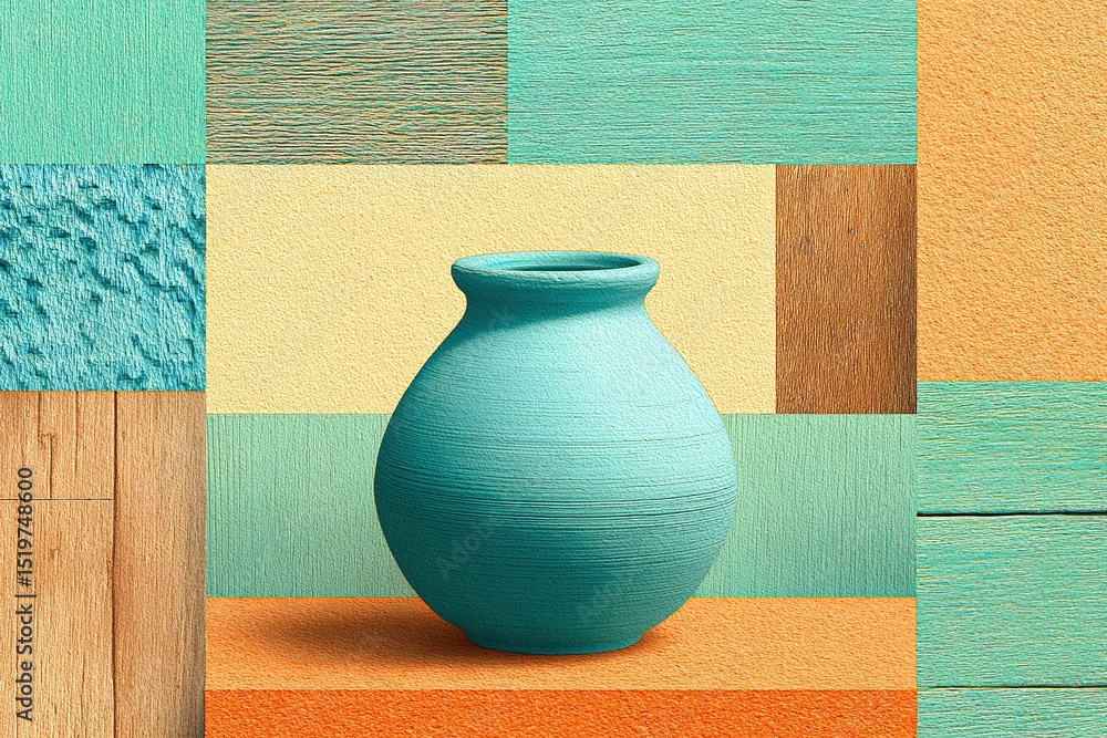 Poster vibrant clay vase displayed against colorful wooden background with textured patterns in natural lig