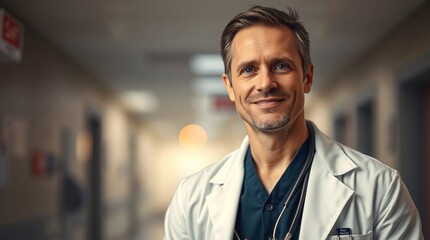 male doctor, confident doctor, hospital background, fine art photography, warm tones, soft focus, bokeh effect, medical professional, healthcare worker, modern medicine, doctor portrait, professional 