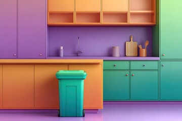 Colorful modern kitchen with gradient cabinets and a green trash bin in a vibrant space