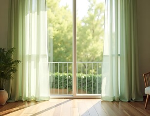 Sunlight streaming through sheer green curtains