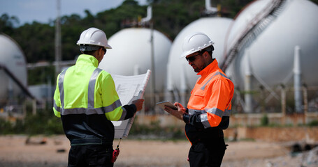 Two man industrial engineer with green and orange safety suit working with blueprint drawing at Refinery and gas petrochemical plant