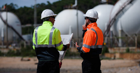 Two man industrial engineer with green and orange safety suit working with blueprint drawing at Refinery and gas petrochemical plant