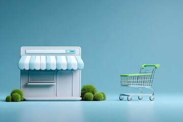 Modern online store design with miniature shopping cart on vibrant blue background