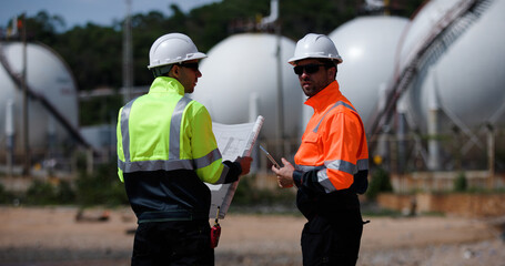 Two man industrial engineer with green and orange safety suit working with blueprint drawing at Refinery and gas petrochemical plant