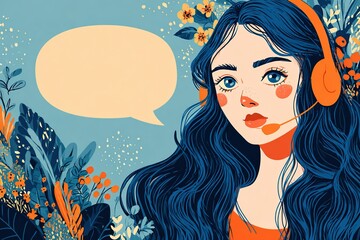 Young woman with headphones in a floral setting expressing thoughts through a speech bubble