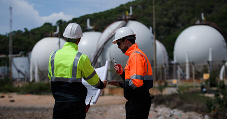 Two man industrial engineer with green and orange safety suit working with blueprint drawing at Refinery and gas petrochemical plant