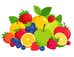 Vibrant assortment of fresh fruits; apples, strawberries, blueberries, raspberries, oranges, pears, and grapes