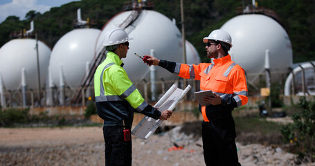 Two man industrial engineer with green and orange safety suit working with blueprint drawing at Refinery and gas petrochemical plant