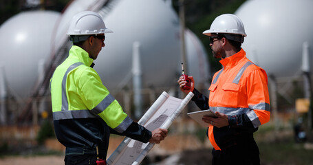 Two man industrial engineer with green and orange safety suit working with blueprint drawing at Refinery and gas petrochemical plant