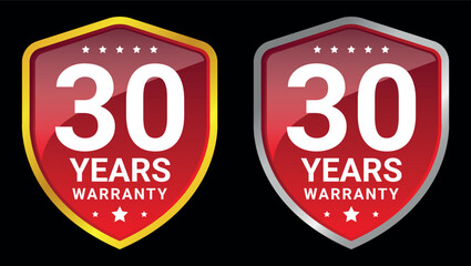 red and silver 30 years warranty badges with shield shapes and stars used for long-term product guarantee	