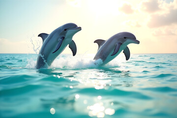 Obraz premium Two dolphins captured mid-air as they leap joyfully out of the ocean water, playing under natural daylight
