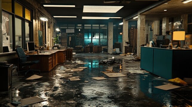 Broken ceiling tiles littering the floor of a dimly lit office filled with decaying desks and outdated tech