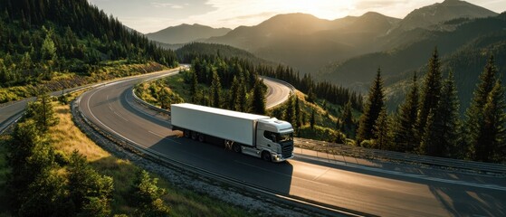 The truck driving through winding mountain roads at sunset.
